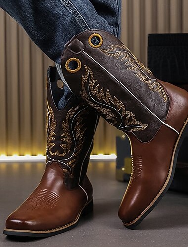  Herr Stövlar Cowboystövlar Broderi Kontor / Business Promenad Vintage Utomhus Dagligen PU Läder Bekväm Halksäker Andningsfunktion Stövletter Slip-on Svart Brun Sommar Vår Höst