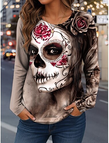  Halloween Dames T-shirt schedels Graphic Mode Casual Lange Mouw Crew Nek Reguliere Tops Dagelijks Weekend Print Rood Blauw Paars Groen Khaki Lente Herfst Winter