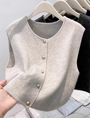 Damen Pullover Pullunder Streetwear Lässig Einfarbig Rundhalsausschnitt Knöpfe Gestrickt Ärmellos Normale Oberteile Stricken Täglich Ferien Wochenende Schwarz Aprikose Herbst Winter   Damen Pullover Pullunder Streetwear Lässig Einfarbig Rundhalsausschnitt Knöpfe Gestrickt Ärmellos Normale Oberteile Stricken Täglich Ferien Wochenende Schwarz Aprikose Herbst Winter