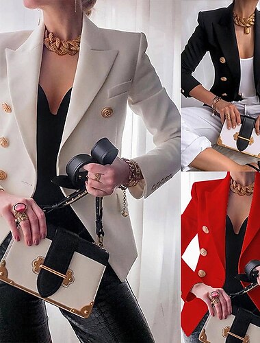  Dame Blazer Bekvem Pustende Lomme Elegant Fritid عادي Formell Kontor Gate Avslappet Dobbeltkneppet Normal Aftæpning Normal Langermet Yttertøy Svart Hvit Rød Sommer Vår
