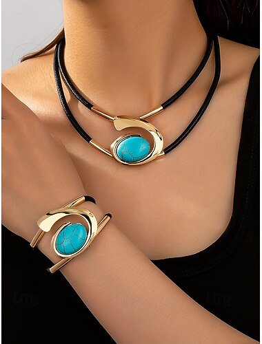  Conjunto de joyería con estilo bohemio con remolino para mujer con collar y pulsera de turquesa en elegantes diseños dorados y plateados, perfecto para fiestas, bodas y regalos.