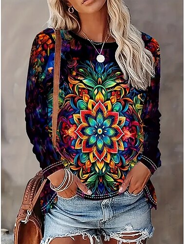  Women's T Shirt Floral Graphic Plants Vintage Stylish Classic Long Sleeve Crew Neck Round Neck Regular Tops Daily Print Black Spring Fall Winter