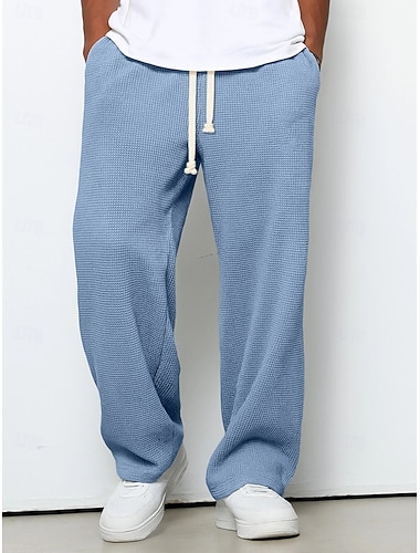  Herren Gerade geschnittene Sweatpants Waffelhose Kordelzug Rautenmuster Atmungsaktiv Volle Länge Lässig Täglich Glatt Dunkelbraun Schwarz Mikroelastisch