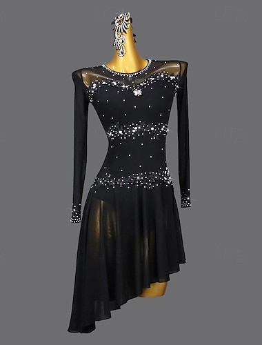  Danse salsa latine Robe Cristal / Strass Épissage Femmes Performance Soirée manche longue Spandex Fil Élastique