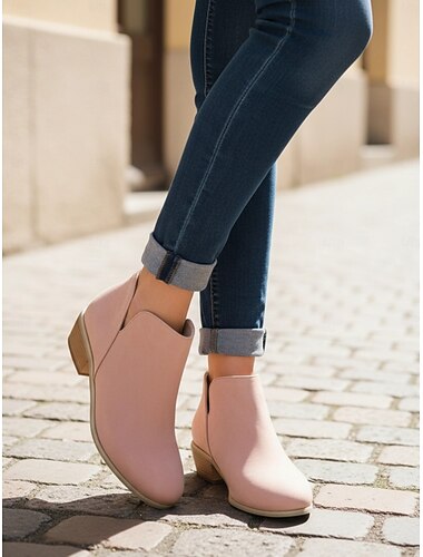  ankelstövlar i rosa konstläder med låg klack - slip-on-stövletter i västerländsk stil för vardags- och vardagskläder