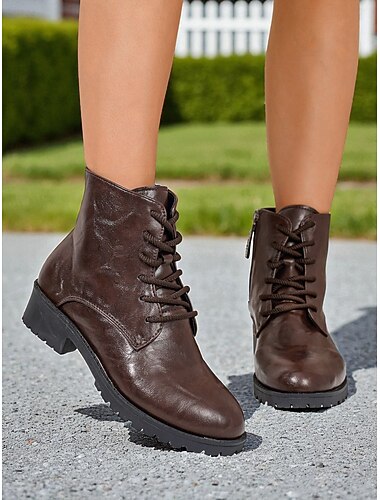  Botas de combate femininas marrons com cadarço, sapatos casuais de couro sintético para atividades ao ar livre, para trabalho, caminhadas diárias e roupas de outono