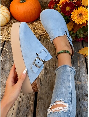  Sapatos mule femininos plataforma slip-on com fivela ajustável, estilo casual retrô de fazenda para looks diários
