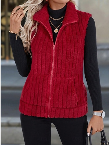  Damen Weste Bequem Atmungsaktiv Reißverschluss Tasche Lässig Einfach Urlaub Straße Alltagskleidung Ausgehen Reisverschluss Regulär Umlegekragen Normale Passform Ärmellos Oberbekleidung Schwarz Rote