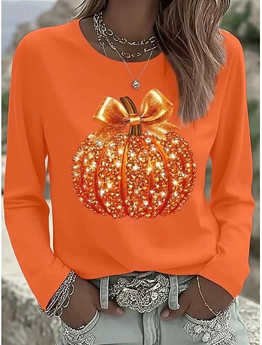  Halloween Maglietta da Donna Grafica Zucca Teschio Moda Vintage Elegante Manica Lunga Collo a Giro Regolari Weekend Stampa Nera Bianca Rosa Blu Viola Primavera Autunno Inverno