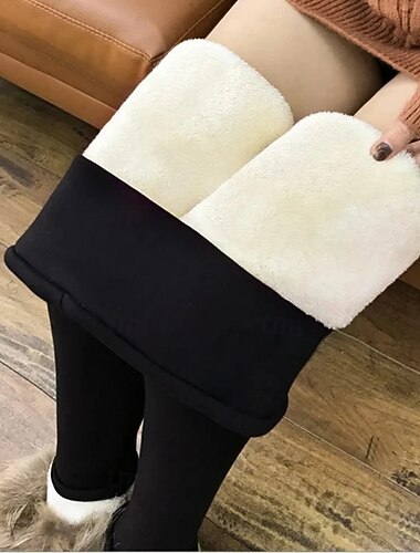  Leggings d'hiver en peau d'agneau pour femmes, pantalons slim taille haute thermiques doublés de polaire, jeggings en coton extensible épais et chaud pour temps froid