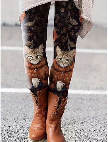  女性用 レギンス 旅行度假风 ヴィンテージ ファッション 全長 ハイウエスト グラフィック 動物 猫 プリント 保温 ソフト 高通気性 伸縮性あり フォーマル アウトドア バケーション ブラック ブラウン グレー 春 秋 スリムフィット