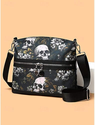 Dames crossbody schoudertas met schedelprint – gotisch bloemenpatroon, casual handtas van imitatieleer voor Halloweenfeest en dagelijks gebruik