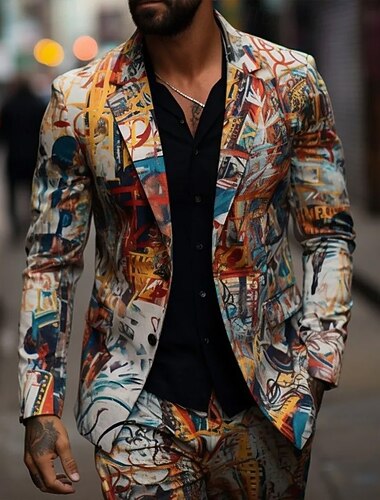  Homens Blazer Casaco Ao ar livre Rua Casual Casual Diário Moderno Outono/Inverno 100% Poliéster Grafite hip-hop Impressão 3D Botões Térmico / Quente Confortável Não Trespassado Jaqueta esporte Marron