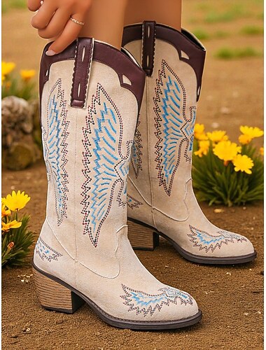  Botas femininas de cowboy do oeste roxas com bordados, estilo fazenda, botas de cano médio com salto grosso para uso no campo, rodeio e casual