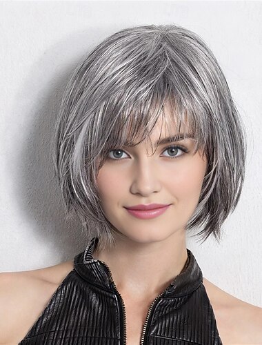  女性用シルバーグレーショートレイヤーボブウィッグ、前髪付き、ナチュラルなリアルな合成毛、耐熱性、エレガントなデイリーウェア、ファッションスタイル