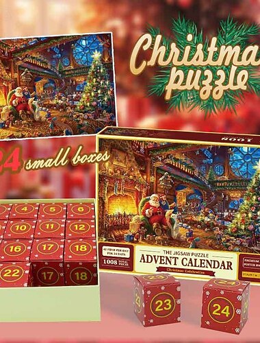 Kalendarz adwentowy z puzzlami 2025 dla dorosłych i dzieci, świąteczne puzzle, kalendarze odliczające 24 dni dla chłopców, dziewcząt i nastolatków, 1008 elementów, zimowe, świąteczne, zabytkowe puzzle, prezent, dekoracja