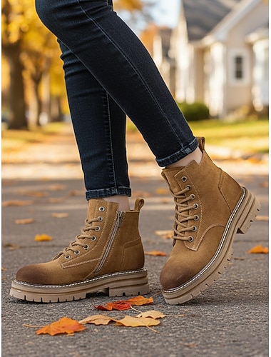  Bottines à lacets en daim marron pour femmes avec semelle épaisse antidérapante - bottes de randonnée décontractées pour le travail en extérieur pour l'automne et l'hiver