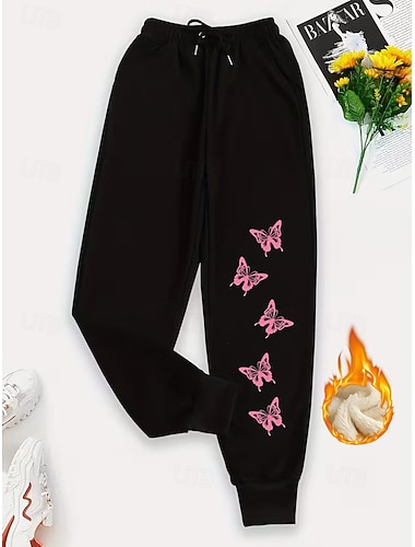  Damen Jogginghose Urlaub Vintage Ethno-Stil Volle Länge Hohe Taille Schmetterling Kordelzug Tasche Fleece Thermowarm Winddicht Bequem Dehnbar Urlaub Formell Straße Dunkelgrau Schwarz Winter Normale