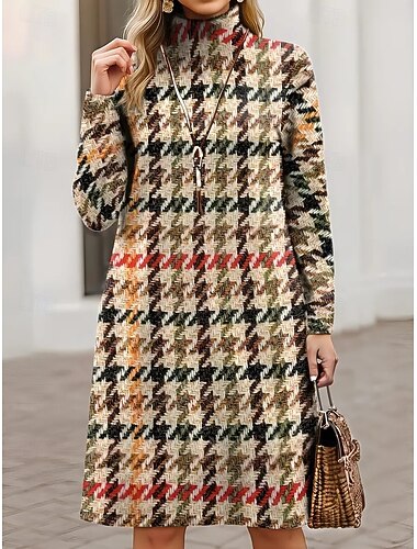  Damen Minikleid Pulloverkleid Shiftkleid A Linie Kleid Urlaub Lässig Boho Lässig Täglich Lässiger Schnitt Grafik Hahnentrittmuster Stammes Langarm Rollkragen Blau Kaki Frühling Herbst Winter