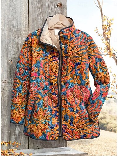  Mujer Chaqueta de Invierno Chaqueta acolchada Mantiene abrigado Cómodo Bolsillo Botones Estampado Moda Diario Exterior Floral Vacaciones Casual Diario Botonadura Simple Regular Escote Chino Ajuste