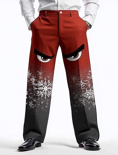  Natal Homens Floco de Neve Engraçado Rosto Impresso Calças Social Calças de Terno Cintura Média Engraçado Feriado Streetwear Calça social com corte relaxado e frente lisa com bolsos laterais