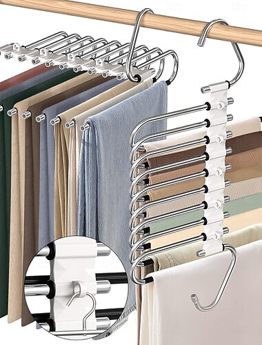  2 db-os nadrágakasztó, helytakarékos, 9 rétegű, multifunkcionális nadrágtartó, rozsdamentes acél szekrényszervező nadrágokhoz, farmerhez, leggingshez, nadrághoz, antikfehér