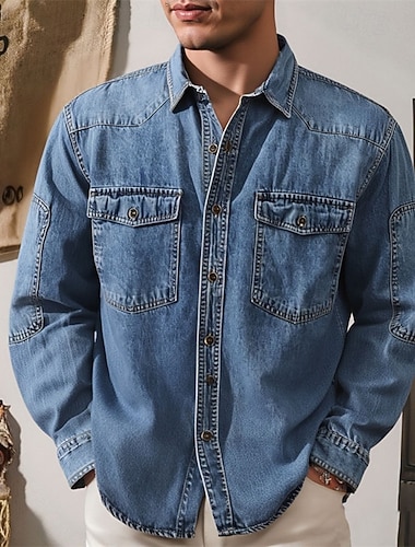 Men's Shirt Summer Shirt Casual Shirt Button Up Shirt Denim Shirt Black Blue Long Sleeve Plain Lapel Vacation Hawaiian Pocket Clothing Apparel Polyester Fashion Casual Comfortable   Men's Shirt Summer Shirt Casual Shirt Button Up Shirt Denim Shirt Black Blue Long Sleeve Plain Lapel Vacation Hawaiian Pocket Clothing Apparel Polyester Fashion Casual Comfortable