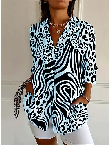  Dame Skjorte Bluse Grafisk Daglig Stilfull Retro / vintage 3/4 ermer Skjortekrage Vanlige topper Daglig Ferie Ut på byen Knapper Svart Blå Lilla Vår Høst Vinter Vår, Høst, Vinter, Sommer