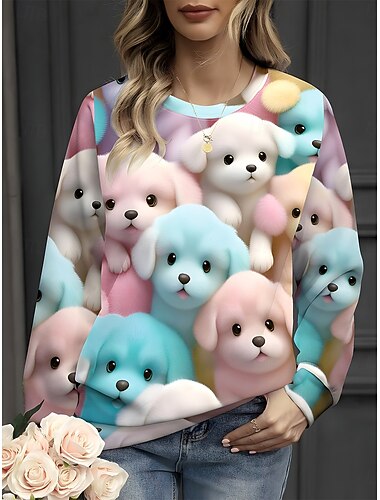  Damen Sweatshirts Grafik Tiermotiv Hund Vintage Lässig Langarm Rundhalsausschnitt Rundhals Normale Oberteile Straße Alltagskleidung Lässig Druck Hellrosa Frühling Herbst Winter