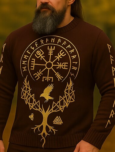  Férfi Viking Pulóver pulóver Kötöttáru Kerek nyakkivágás Retró Alkalmi Vakáció Napi 3D nyomtatás Melegen tartani Hosszú ujj Tavasz Ősz Tél Sötétbarna Fekete