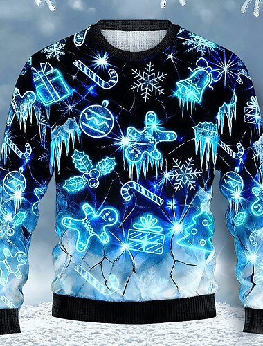  Christmas Miesten Joulukello Lumihiutale Neulepusero Knitwear Pyöreäkauluksinen Vapaa-aika Loma Päivittäin Festivaali 3D-tulostus Pidä Lämmin Pitkähihainen Kevät Syksy Talvi Rubiini Sininen Purppura