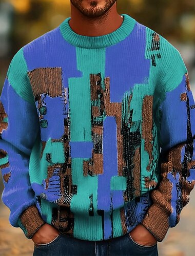  Miesten Väripalikka Neulepusero Knitwear Pyöreäkauluksinen Vapaa-aika Loma Katu Päivittäin 3D-tulostus Neulominen Pidä Lämmin Pitkähihainen Kevät Syksy Talvi Keltainen Rubiini Sininen
