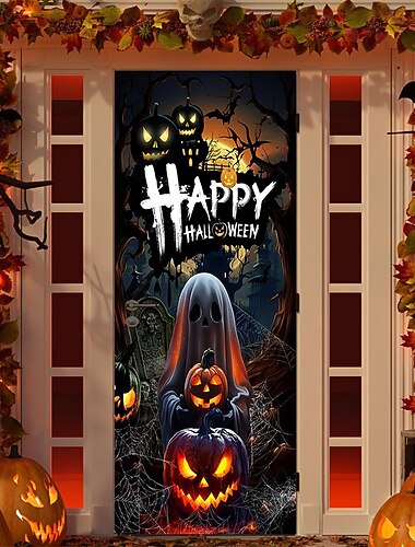  Halloween Dörrskydd Utomhus banderoller Pumpa Spöke Psykedelisk Mörk punkgotik Fest Utomhus Bakgrundsfotografering Ytterdörr Väggveranda Dekorationer Vägg Dörr Bakgrund