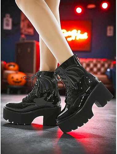  Zwarte gothic Halloween-platformgevechtslaarzen voor dames met vleermuisvleugels - imitatieleren veterlaarzen met dikke hak voor cosplay, kostuumfeesten en edgy streetwear
