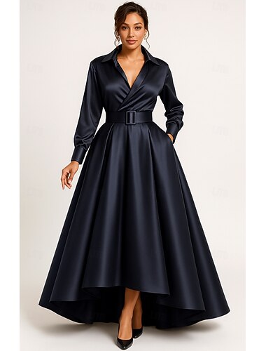  A-linje Asymmetrisk Golvlång Formell klädsel Konståkningsinspirerad klänning Aftonklänning Långärmad Tröjkrage Elegant Vintage Formell Satäng Klänning till brudens mor med Rosett(er)