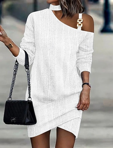  Mulheres Vestido midi Vestido casual Elegante Moda Moderno Diário Ao ar livre Escritório Delgado Tecido Manga Longa Assimétrico Branco Inverno Outono