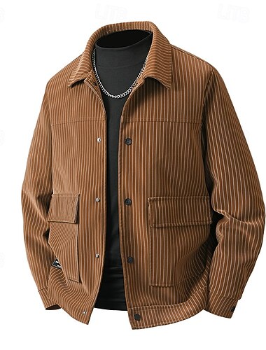  Homme Veste Légère Veste Cargo Veste Décontractée Vacances Quotidien Respirant Avec Poches Printemps Automne Rayure Mode Classique Revers Régulier Noir Café Veste