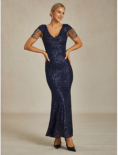  Rochie maxi pentru femei, rochie tip trompetă, sirenă, cu paiete, cristale, elegantă, cocktail, semi-formală, petrecere de seară, culoare uni, fără mâneci, decolteu în V, albastru marin, primăvară,