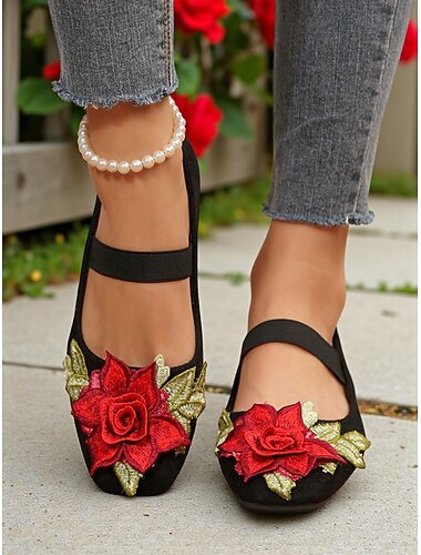  Mary Jane-flats voor dames met kerstmotief – suède schoenen met geborduurde bandjes en rozenmotief voor feestdagen en dagelijks gebruik