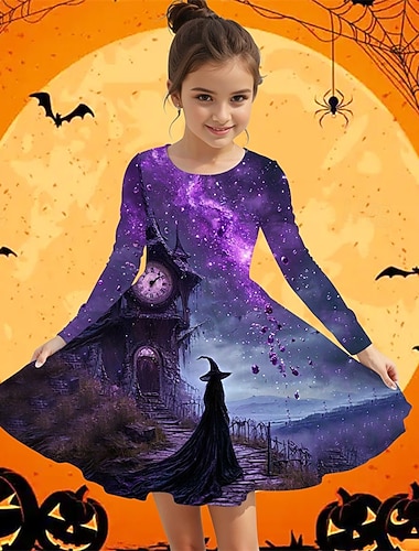  Halloween Flickor 3D Grafisk Klänning Långärmad Sommar Vår Semester Dagligen Helgdag Prinsessa Skön Ljuv Barn 4-12 år Vardagsklänning A linjeklänning Knälång Normal