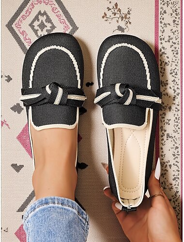  Dames Brede Flyknit Loafers met Geknoopte Strik – Casual Comfort Ballerina's voor Dagelijks Gebruik en Reizen