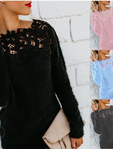  نسائي سترة أنيق كاجوال ناعم لون سادة مضلع رقبة عالية مدورة دانتيل بقع محبوك كم طويل قمصان عادية متماسكة الأماكن المفتوحة مناسب للبس اليومي عطلة نهاية الاسبوع أسود وردي بلاشيهغ الخريف الشتاء