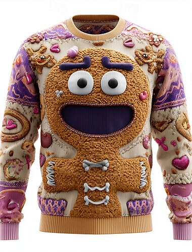  Stygg julegenser Herre Pepperkakemenn Pullover genser Strikketøy Crewneck Fritid Feriereise Daglig Festival 3D-utskrift Hold Varm Langermet Vår Høst Vinter Hvit Rød Lilla