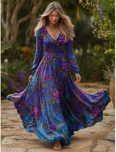  Per donna Abito maxi Abito Pieghettato Festa Casual Boho Quotidiano Data Uscire Vestibilità regolare Floreale Grafico Manica Lunga Scollo a V Blu Fucsia Primavera Autunno Inverno