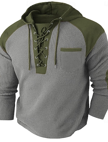  Муж. Вафельный тройник Вафельная рубашка Henley Длинный рукав Капюшон Весна & осень Сплошной цвет Мода Кулиска Карманы Пэчворк на открытом воздухе Вечеринка / ужин Для улицы Черный Серый Синий