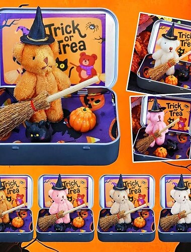  Ours d'Halloween dans une boîte pour des bonbons ou des friandises, petit ours sorcière fait à la main dans une boîte, mini ours en peluche en cadeau avec chapeau de sorcier, cadeaux inspirants de