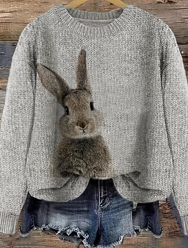  女性用 ニット プルオーバー カジュアル 動物 リブ クルーネック ニット 長袖 レギュラートップス ニット 日常 祝日 お出かけ グレー 秋 冬