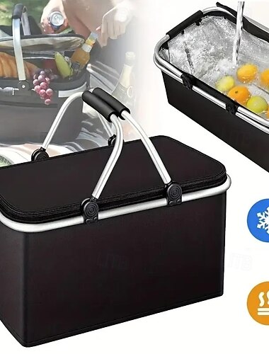  Ανθεκτική φορητή τσάντα ψυγείου από ύφασμα Oxford με λαβές - μαύρη μονωμένη τσάντα μεσημεριανού γεύματος για πικνίκ, κάμπινγκ &υπαίθριες συγκεντρώσεις, ασφαλές για τρόφιμα, διατηρεί τα ποτά κρύα,