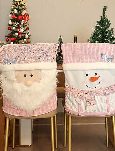  Fundas de silla navideñas rosas, fundas de asiento de peluche de Papá Noel para comedor y decoración del hogar, fundas de silla festivas para decoración de fiestas navideñas