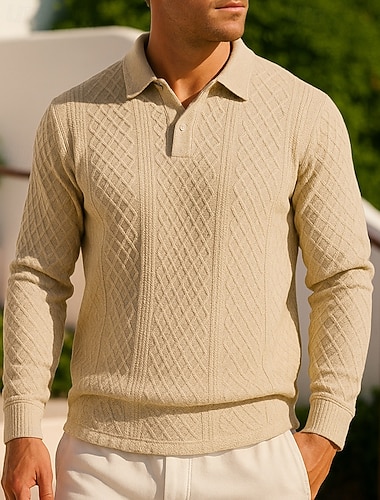  Homme Chemise en tricot jacquard Polos décontractés Jacquard manche longue Top Athleisure Automne Couleur Unie Mode Extérieur Voyage Sportif Tenue de sport Tenues de Sport Noir Bleu Kaki